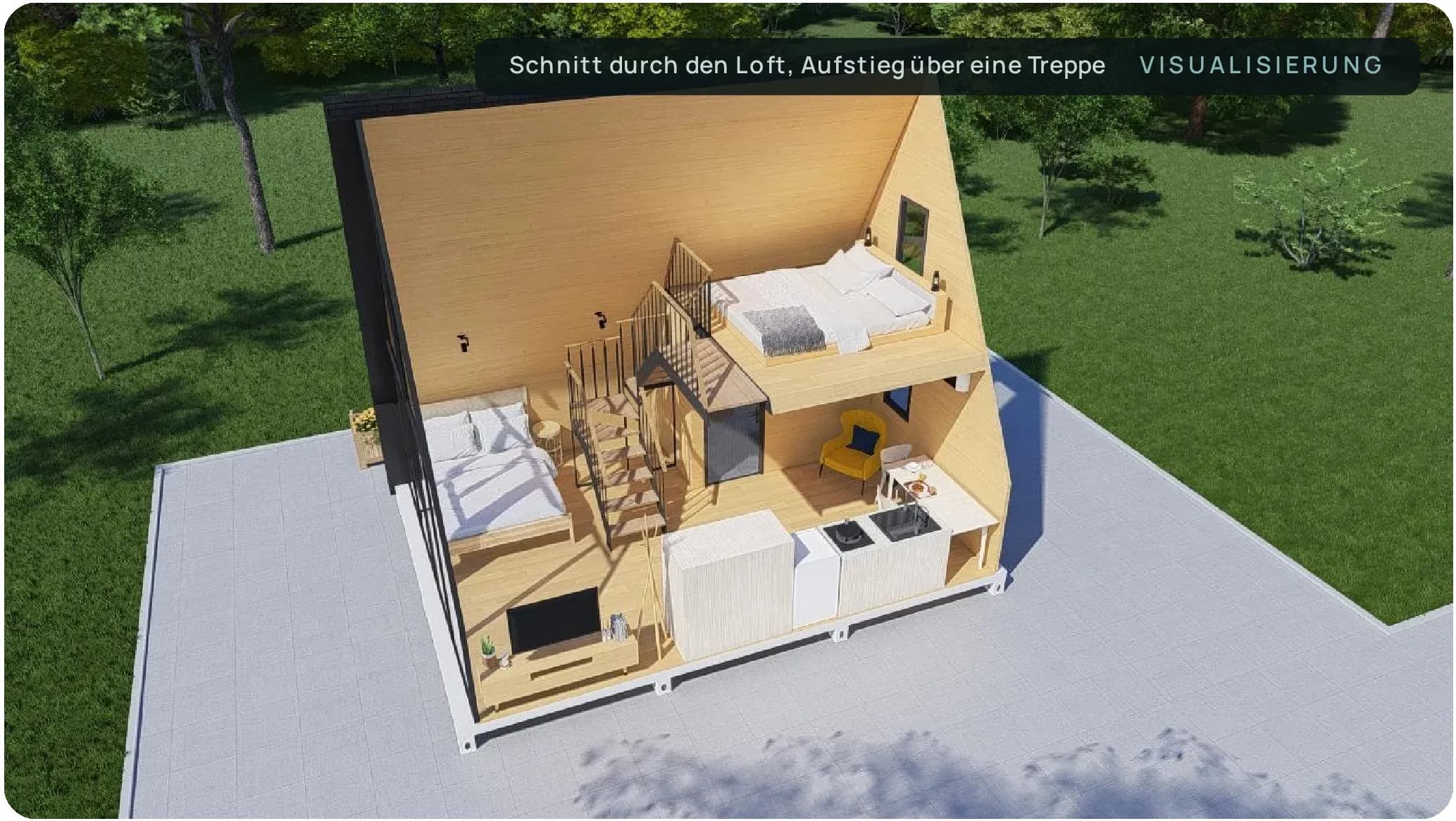 Horizon Loft von außen mit vollflächig verglaster Giebelseite