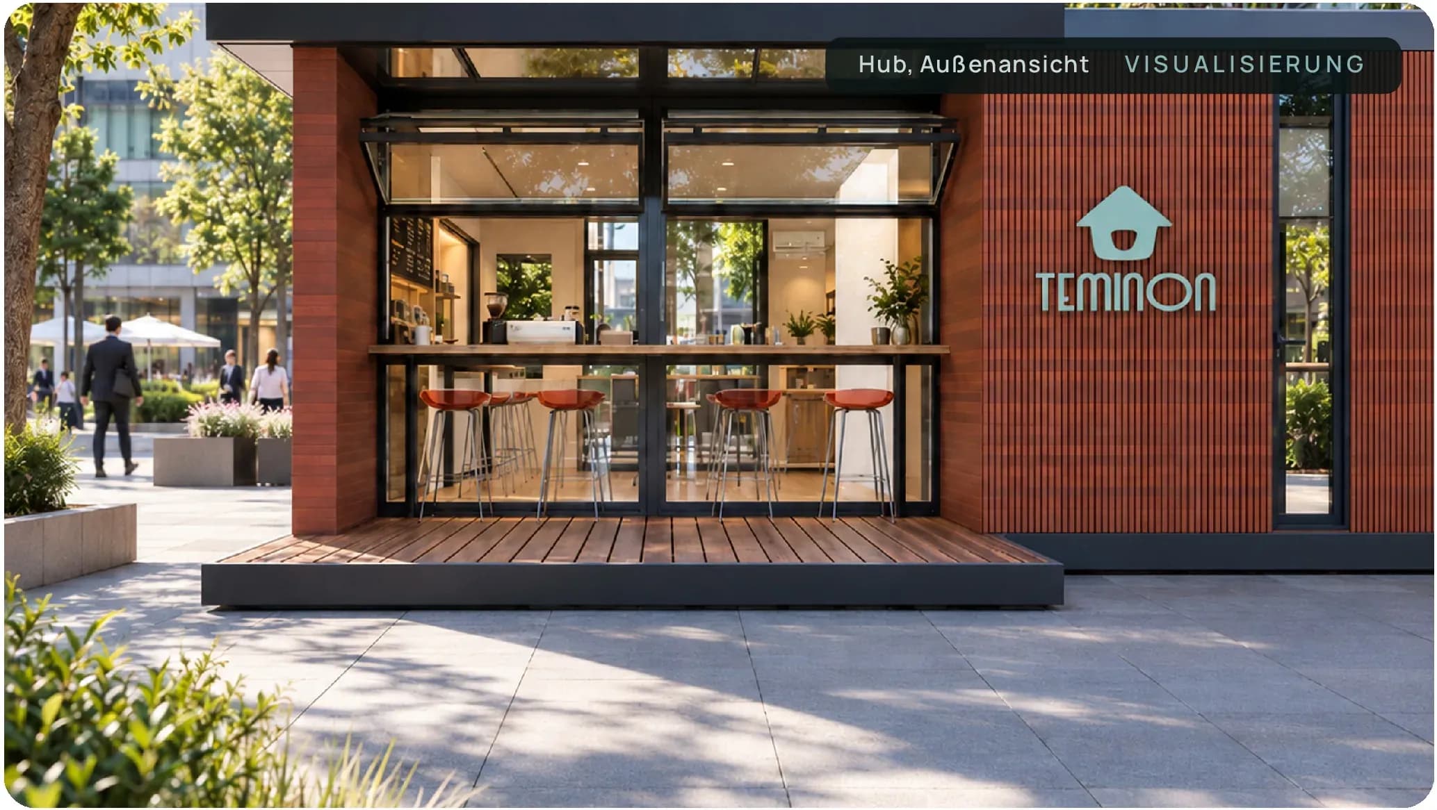 Nexus Hub von außen mit offener Glasseite und Thekenzone