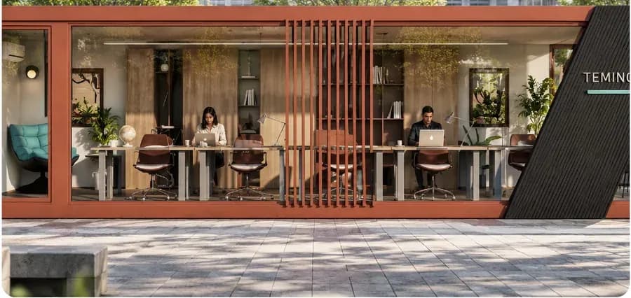Nexus Work von außen mit Arbeitsplätzen hinter der Glasseite