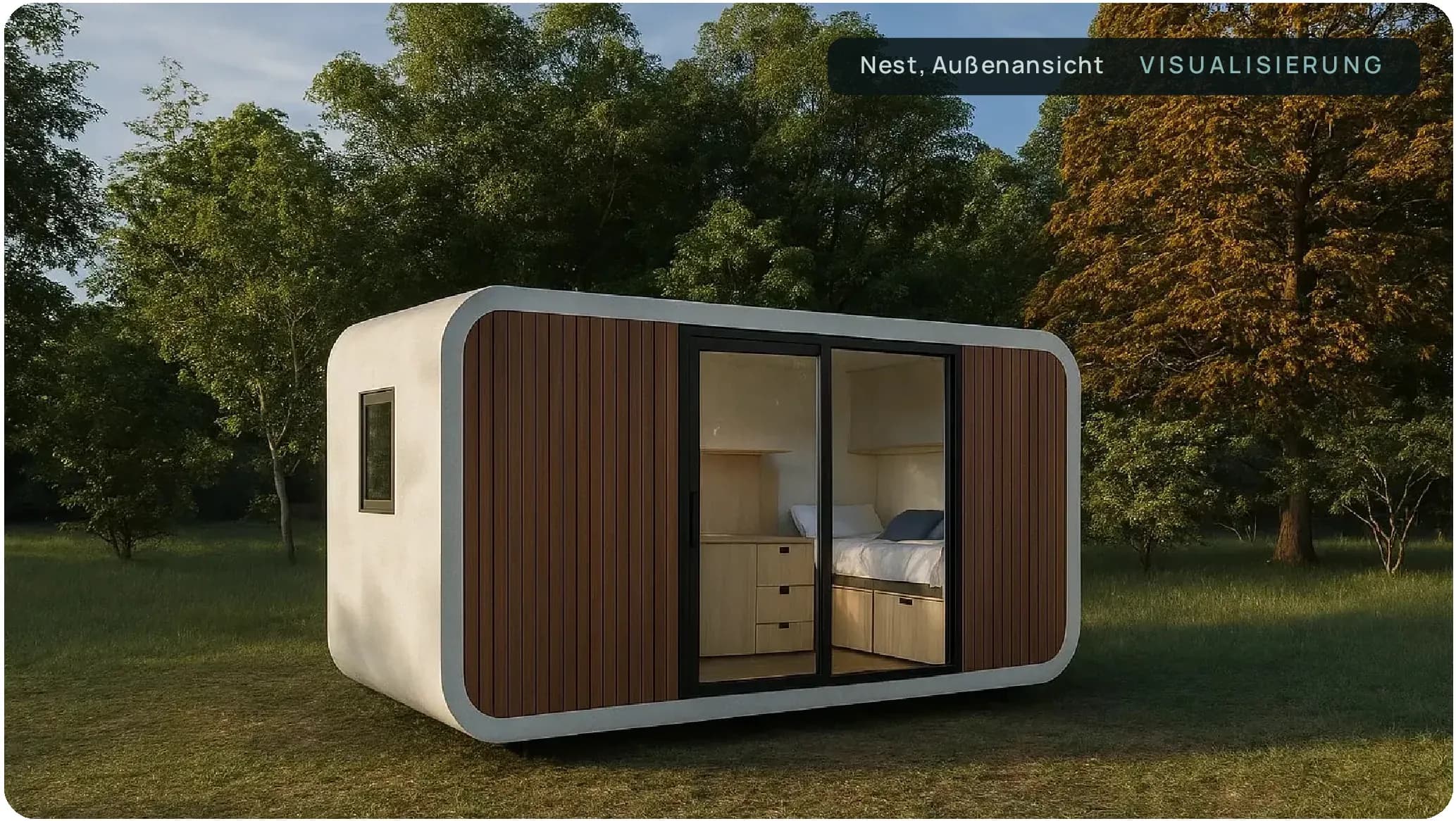 Orbit Nest von außen, Holzfassade mit großer Glasfront