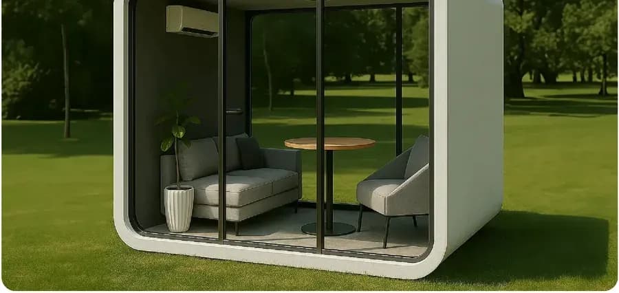 Orbit Studio, ringsum verglastes Kleinmodul mit Sitzgruppe im Park