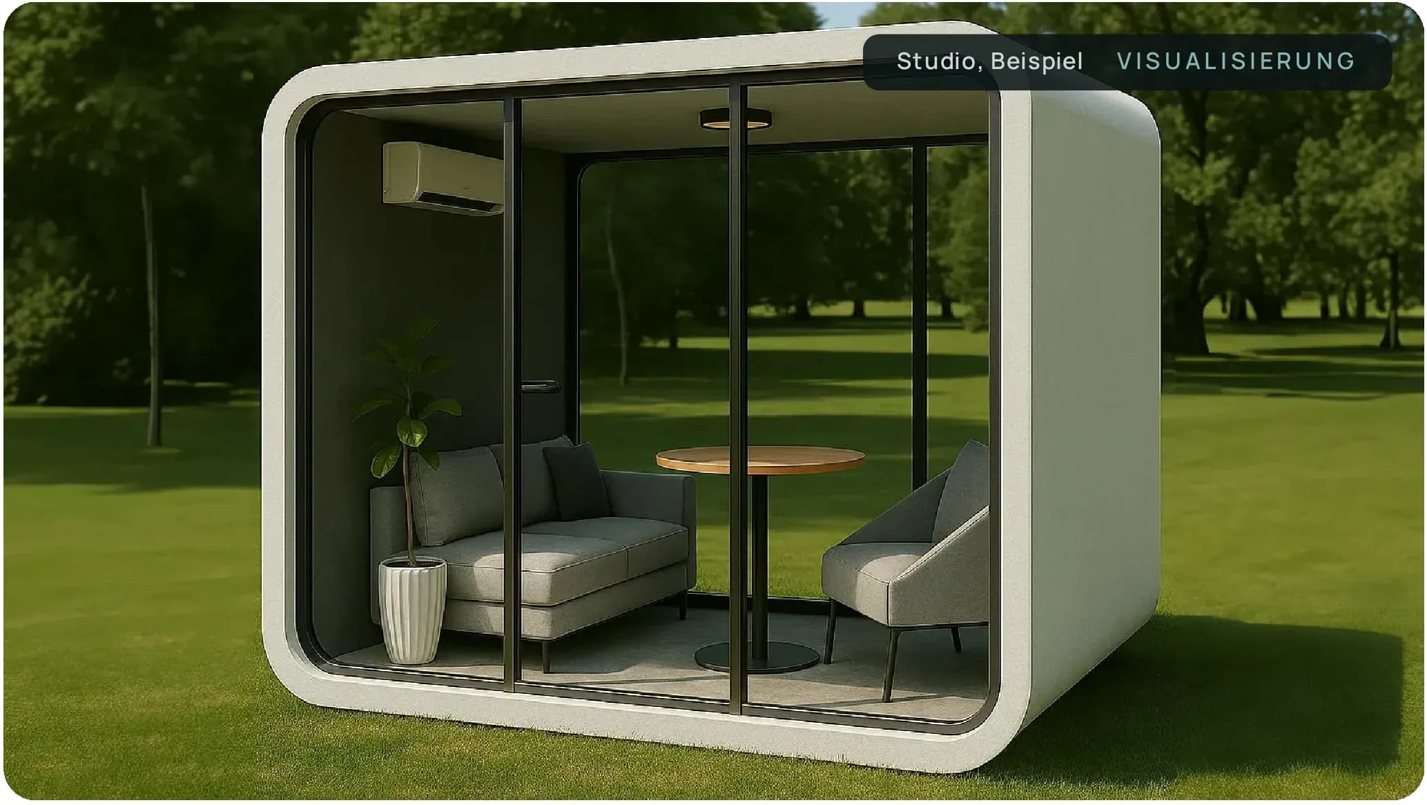 Orbit Studio, ringsum verglastes Kleinmodul mit Sitzgruppe im Park