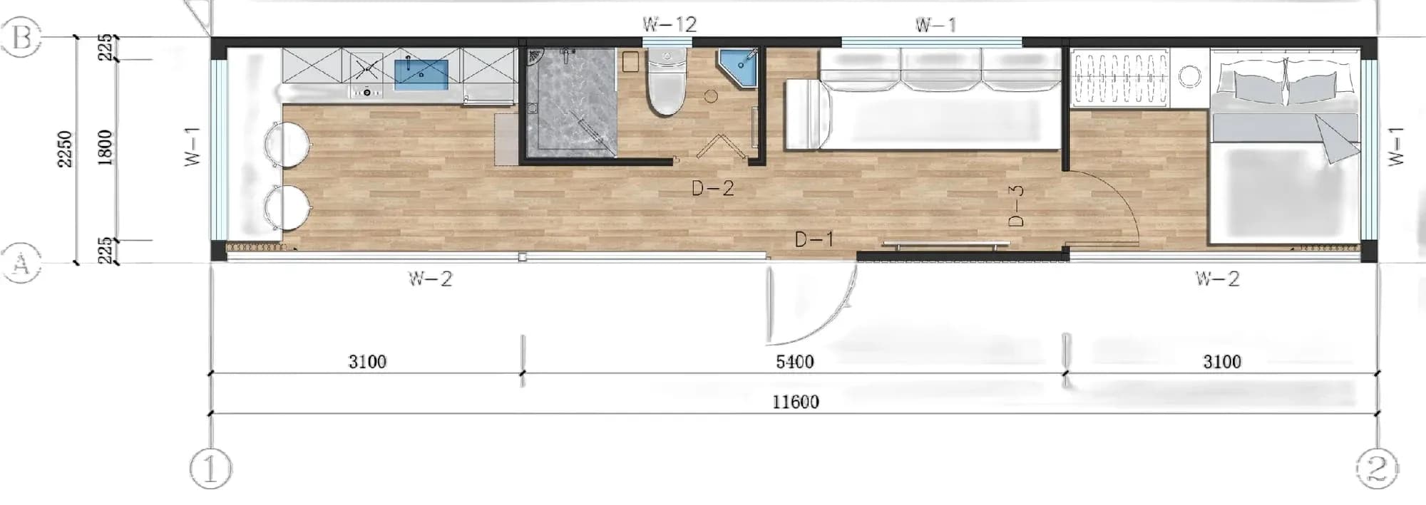 Grundriss Orbit Suite mit Schlafraum, Wohnraum, Bad und Küche