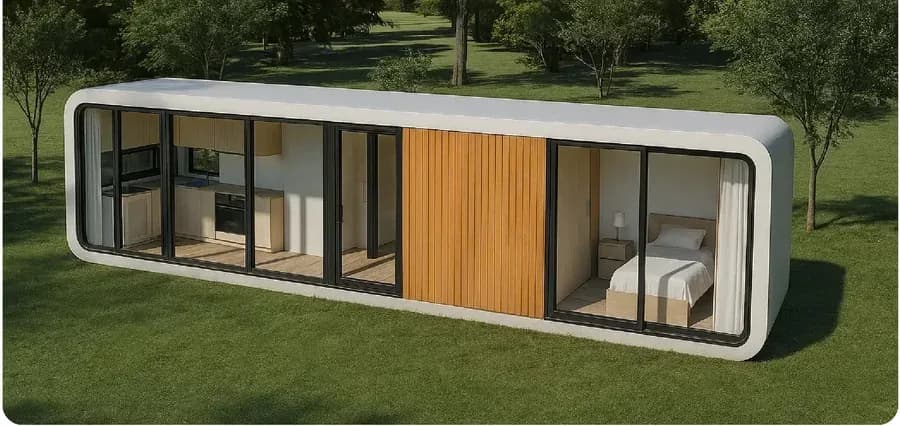Orbit Suite von außen, langgestrecktes Modul mit Holz- und Glasfassade