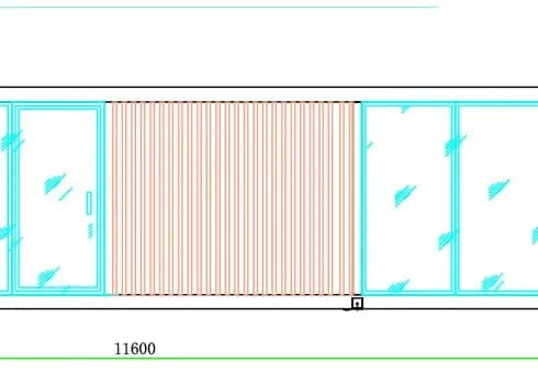 Ansichtszeichnung eines langen Moduls mit Lamellenfassade und Glastüren, Maßkette 11600
