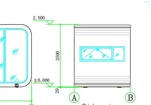 Stirn- und Seitenansicht eines Moduls mit Höhenkote 2500