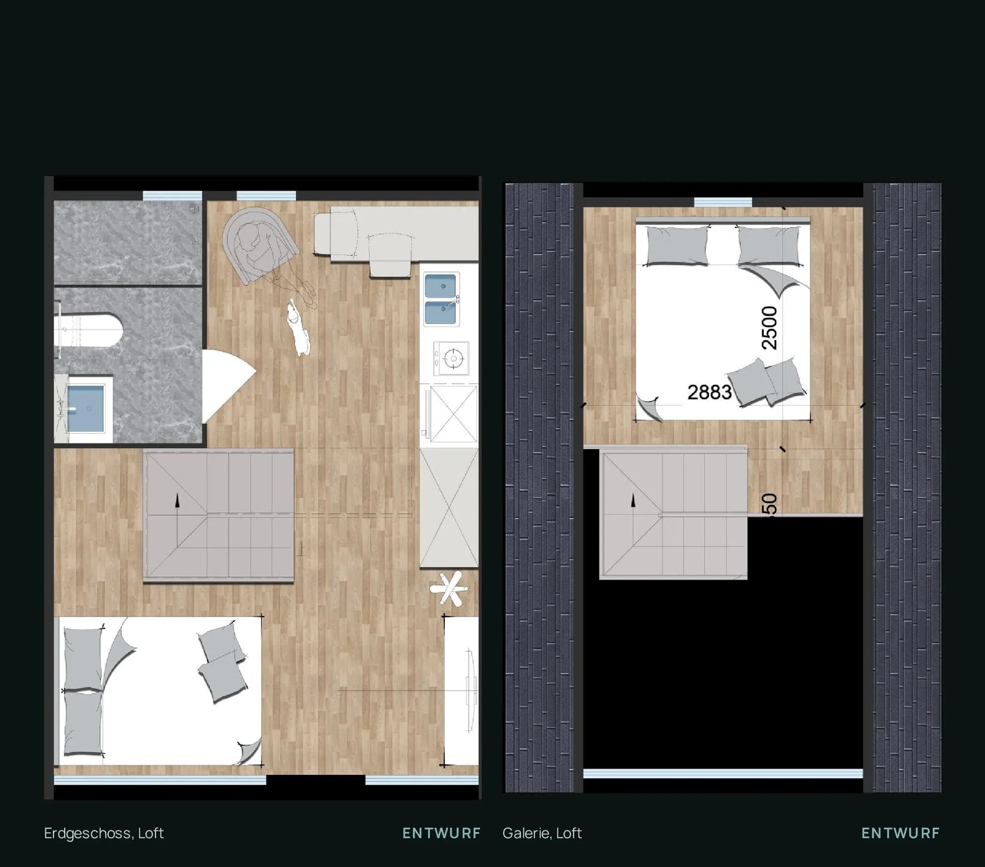 Grundrisse Horizon Loft: Erdgeschoss und Galerie nebeneinander