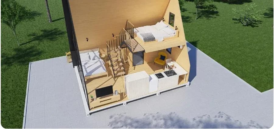 Horizon Loft von außen mit vollflächig verglaster Giebelseite