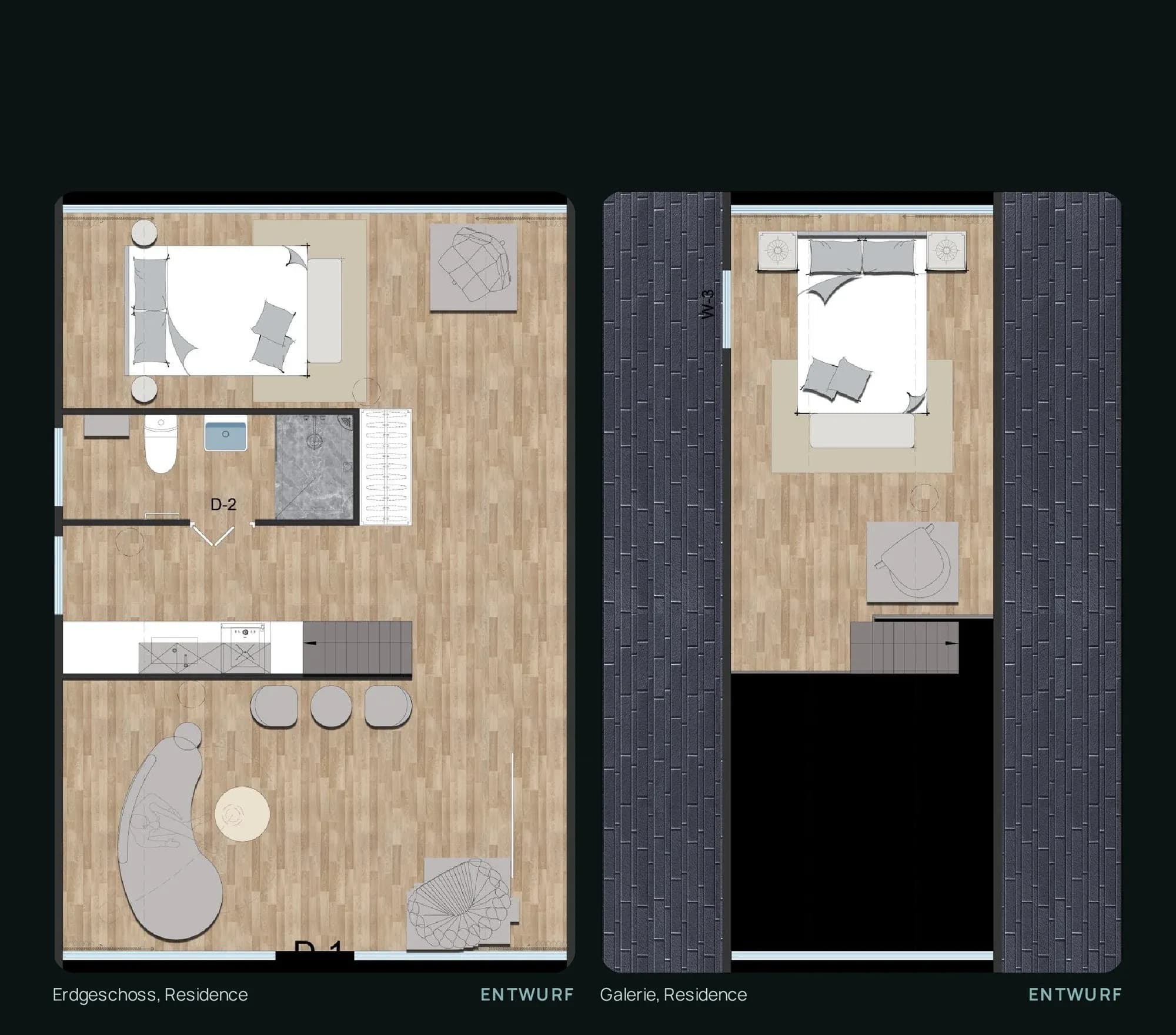 Grundrisse Horizon Residence: Erdgeschoss und Galerie nebeneinander