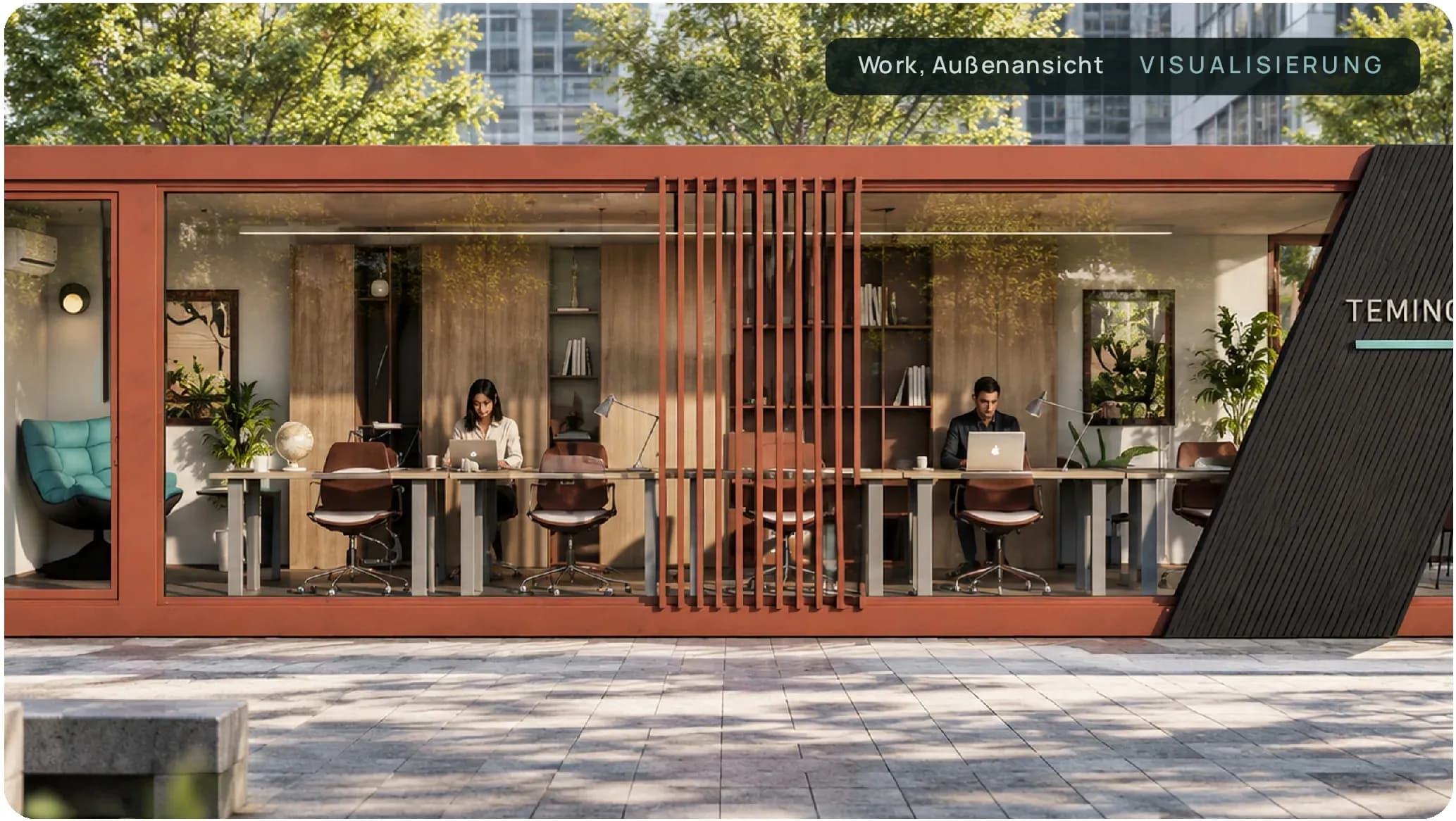 Nexus Work von außen mit Arbeitsplätzen hinter der Glasseite