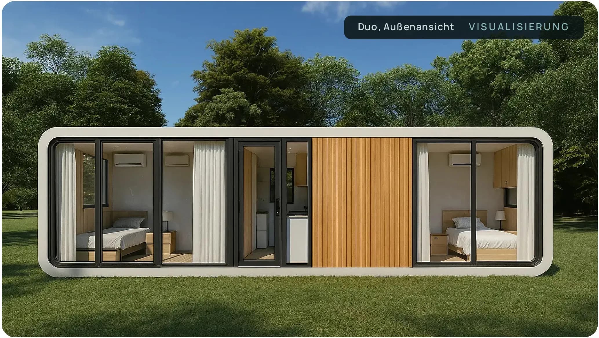 Orbit Duo von außen, langgestrecktes Modul mit zwei Schlafbereichen