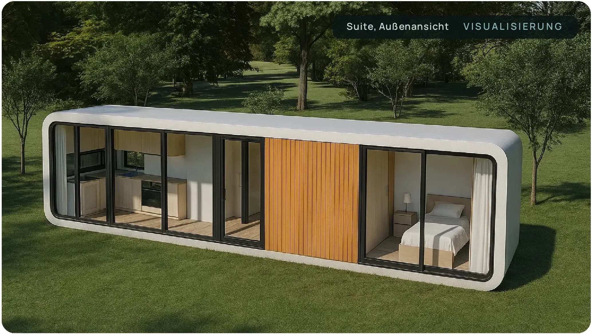 Orbit Suite von außen, langgestrecktes Modul mit Holz- und Glasfassade