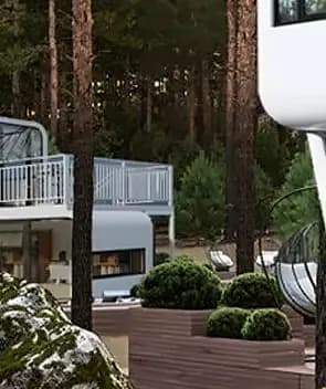 Zweigeschossiges Modul mit Balkon zwischen Kiefern