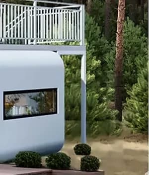 Gerundetes Modul mit Panoramafenster unter einer Terrasse im Wald
