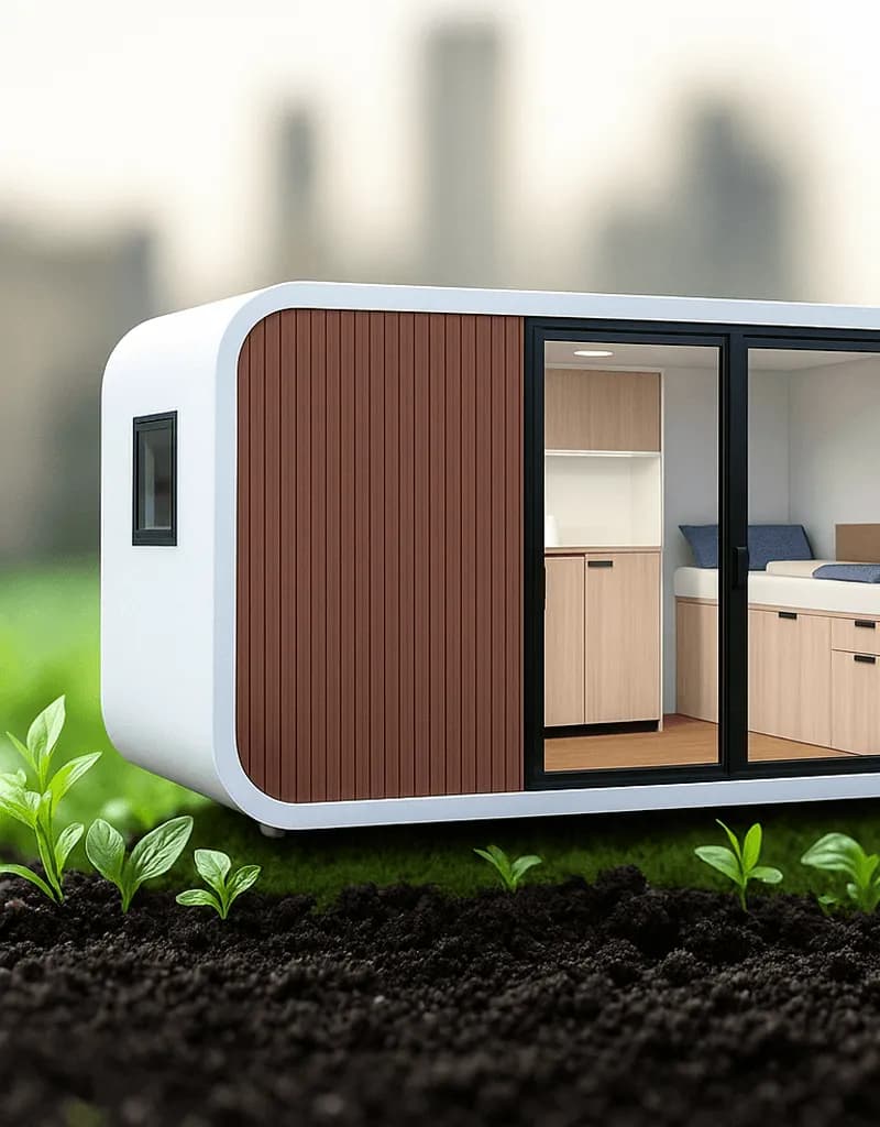 Modul mit Holzlamellen und Windrad auf frischem Grün